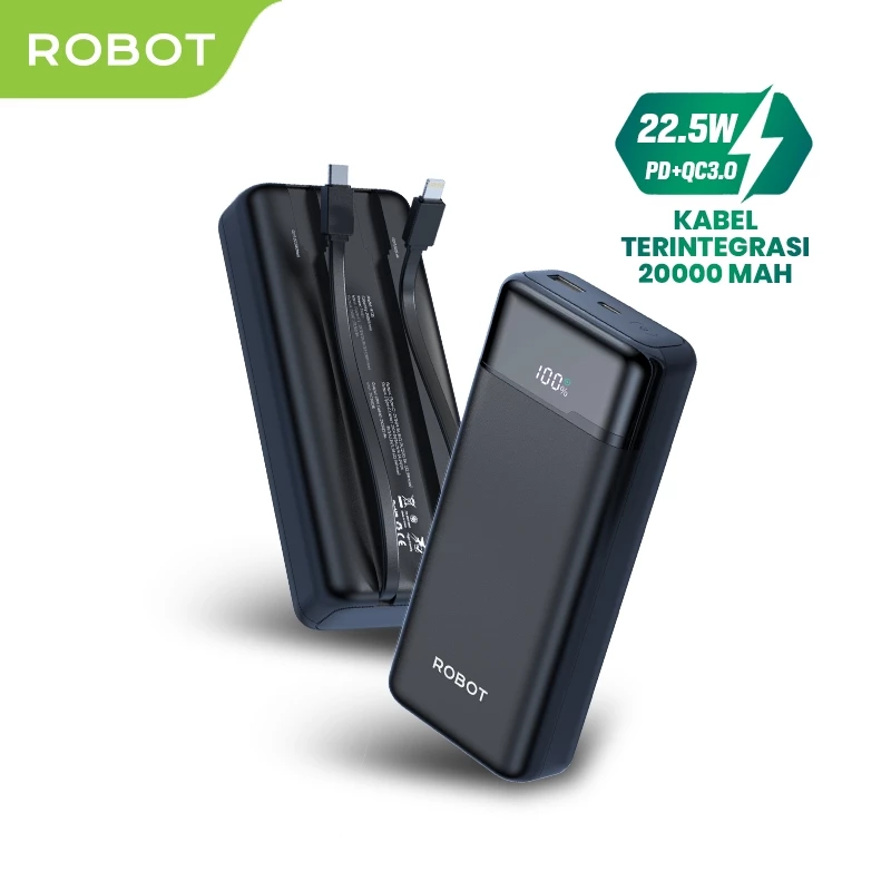 ROBOT Powerbank Fast Charging 20000mAh 22.5W 2 Built in Cable Type C Lightning LED Display Power bank RT25 Original