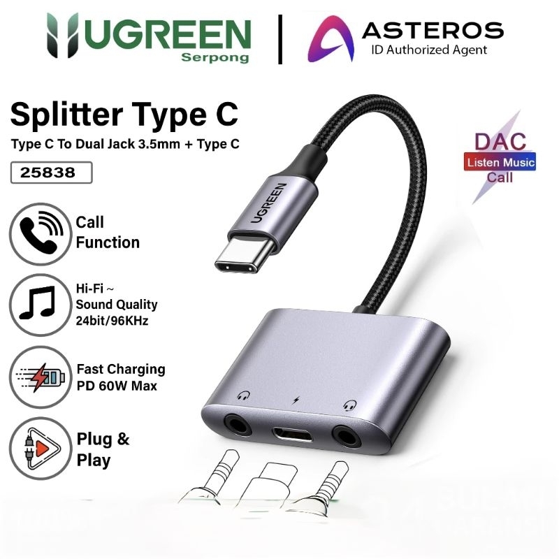 UGREEN Splitter in1 USB C to Audio Charger Adapter DAC Chip For  Samsung Pixel Ipad Pro Huawei Converter Jack