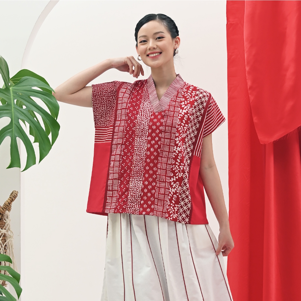 Jual NONA RARA - Dhini Merah Putih PART0277, Blus kasual batik wanita ...