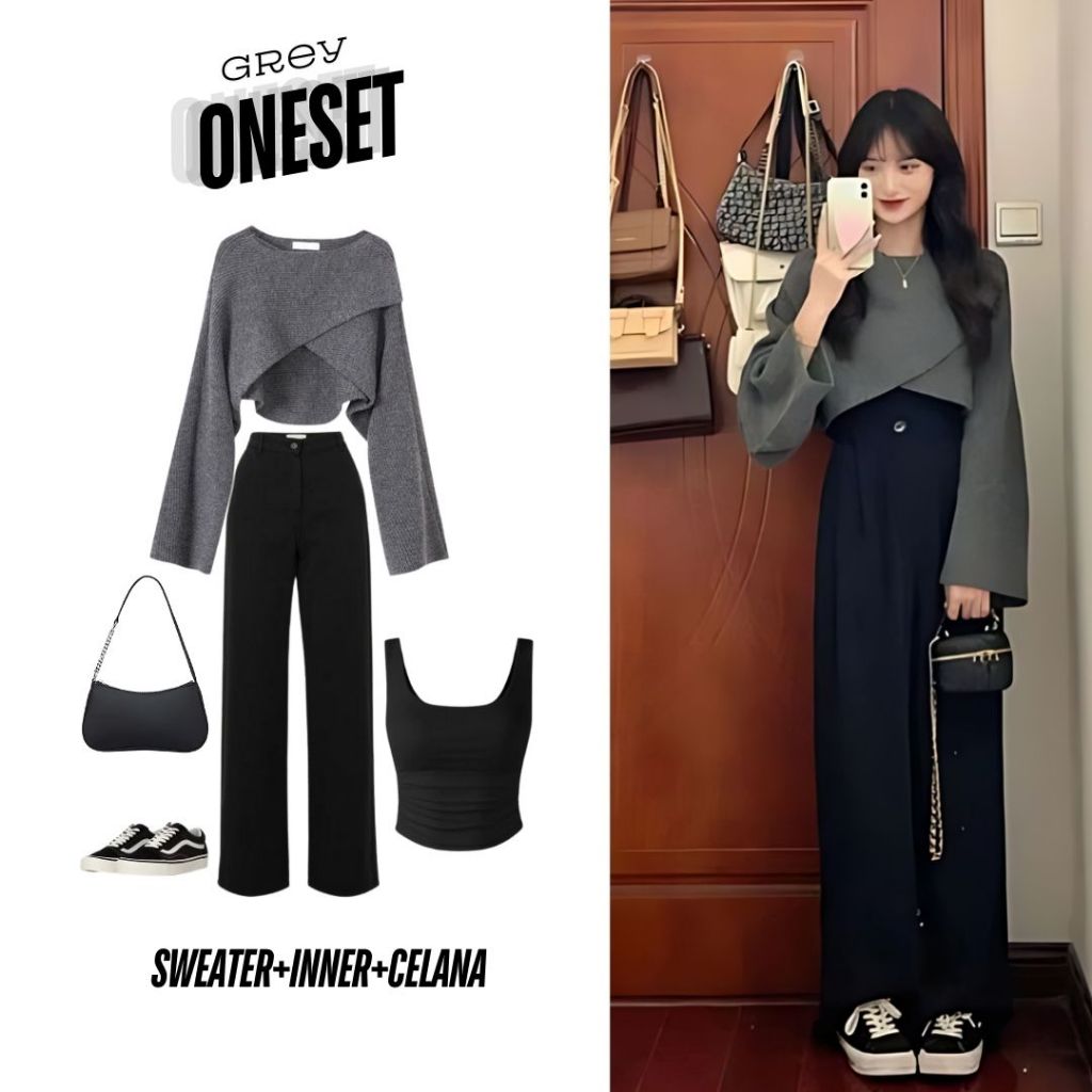 Jual 3in1 one set sweater rajut outwear cardigan abu celana highwaist ...
