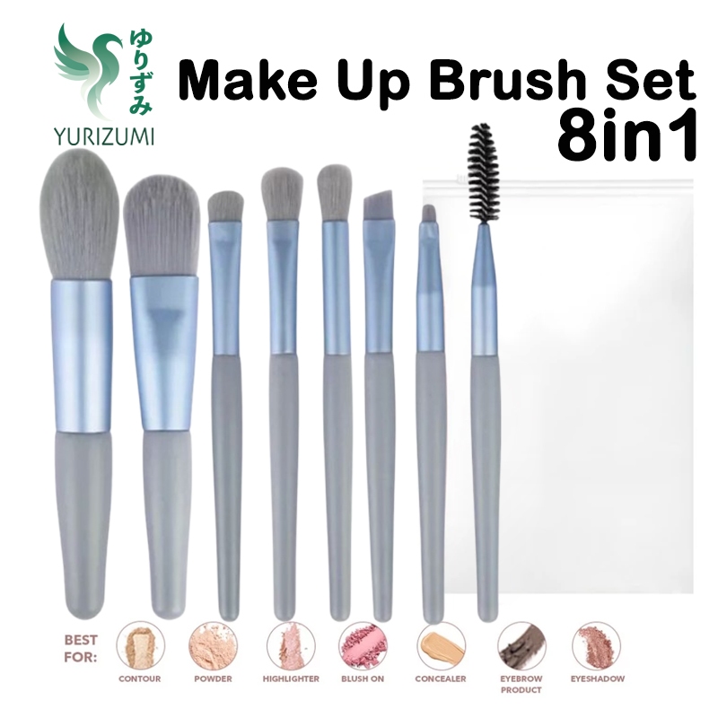 Make Up Brush Set 8in1 Warna Pastel Pouch Kuas Mini Travel Pack Isi 8pcs - Af