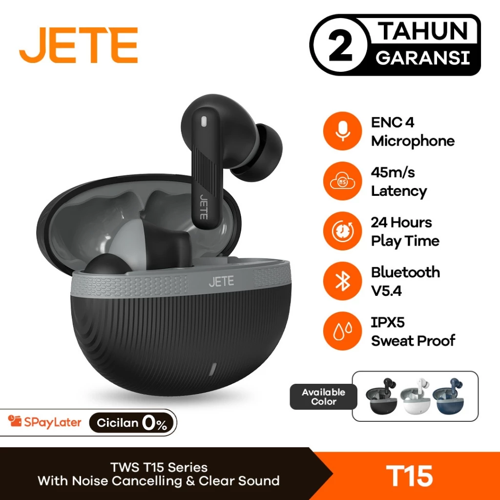 TWS Bluetooth ENC with 4 Mic JETE T15 BT 5.4 IPX5 Playtime 24H - Garansi 2 Tahun