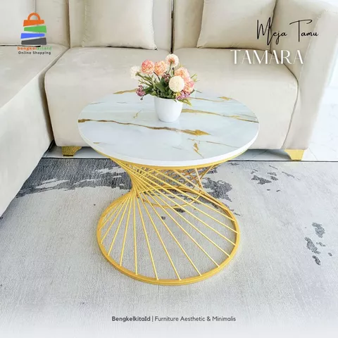 Aesthetic Coffee Table Minimalist Sofa Table - MEJA TAMARA - Round Marble UV Gold