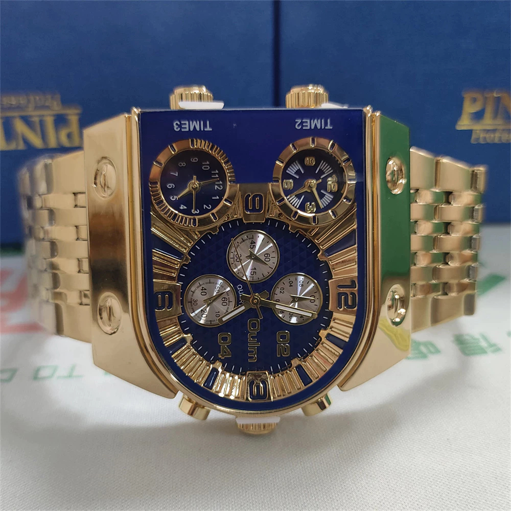 Jual Oulm 9315 Silver Blue Golden Male Watch Three Time Zone Men Quartz ...