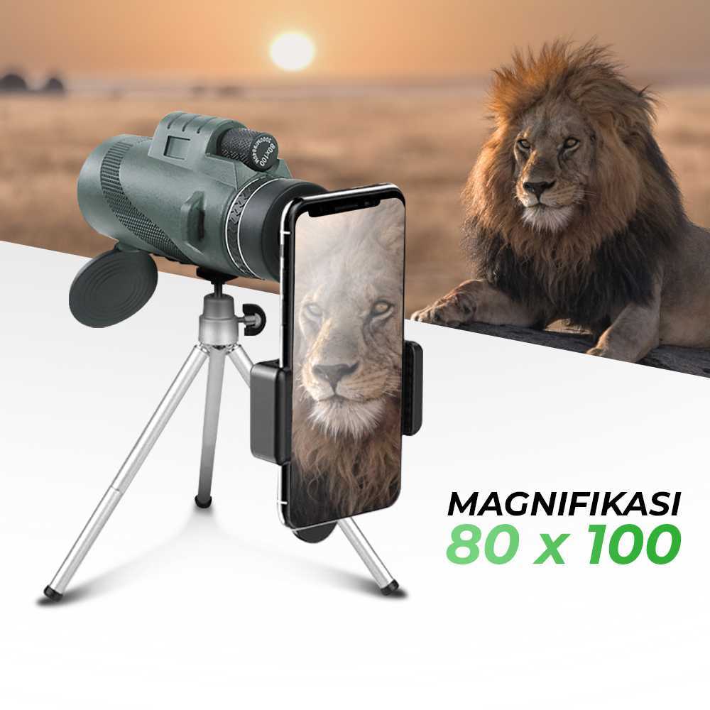Teropong Monokular Zoom Jarak Jauh 80x100 Dengan Tripod dan Holder HP untuk Outdoor dan Konser