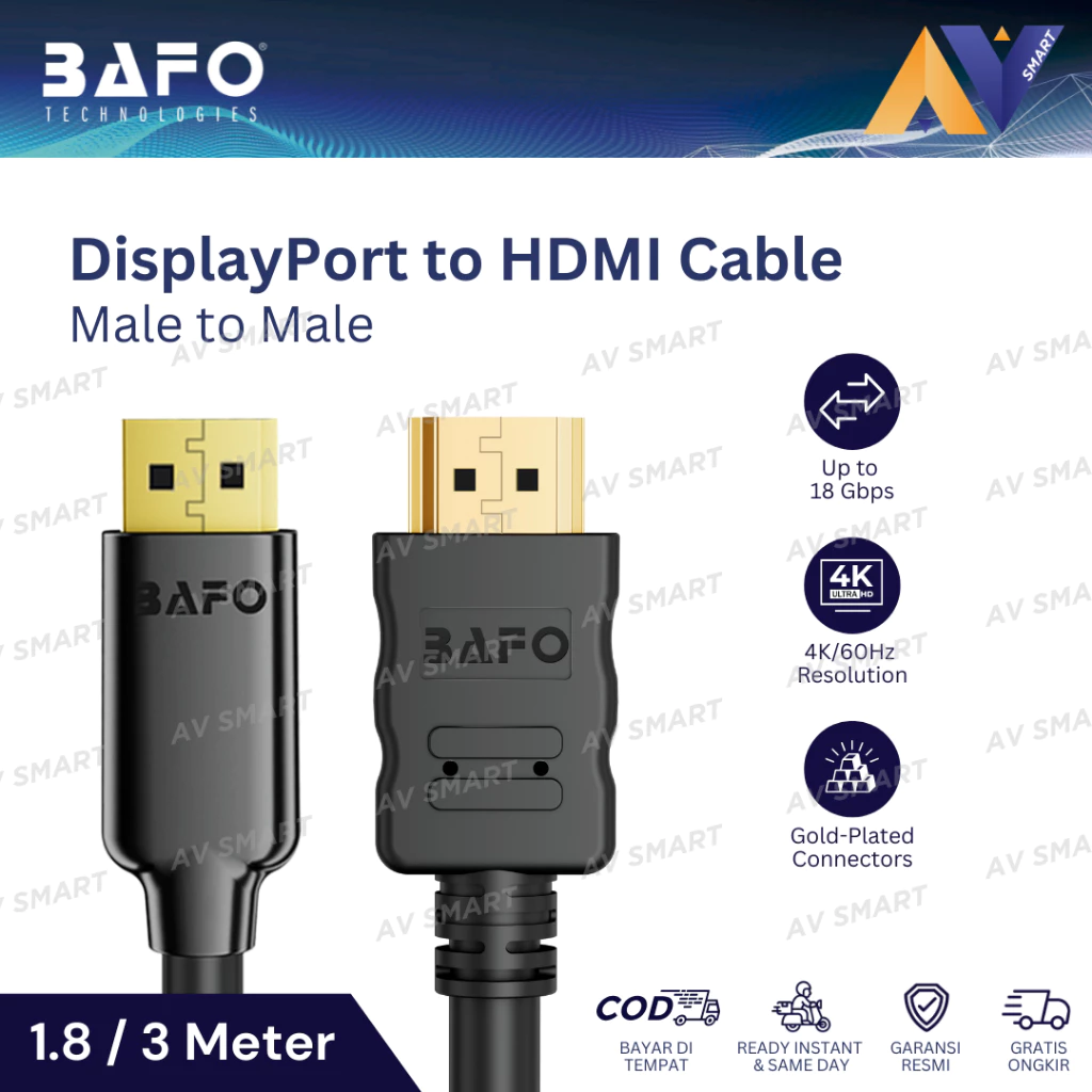 BAFO Kabel DisplayPort (DP) to HDMI 4K Male to Male 1.8 / 3 Meter