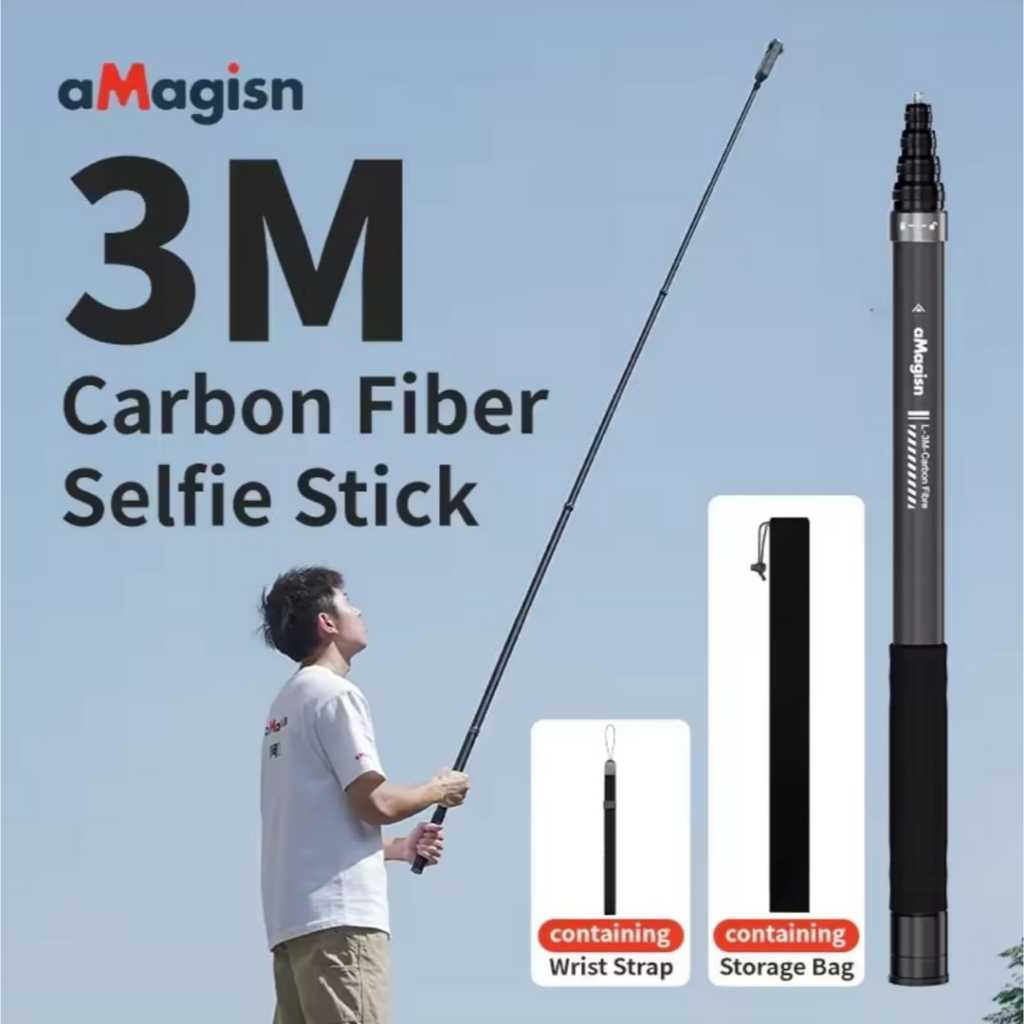 3 Meter Selfie Pole 3m Extended Carbon Fiber Selfie Stick For Insta360, GoPro, DJI Action Cameras - Telescopic 14" To 118", Waterproof GoPro Selfie Stick