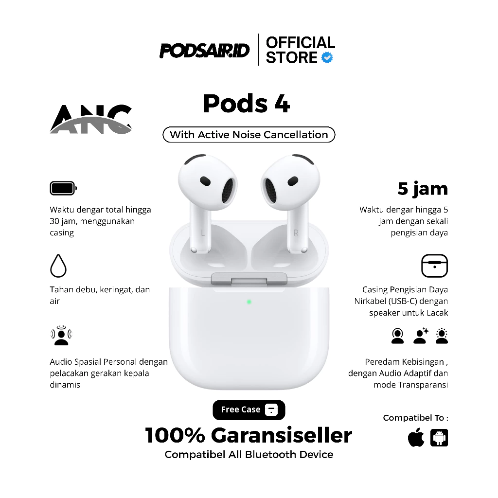 Pods Air Gen 4 ANC Bluetooth Earbuds 5.1