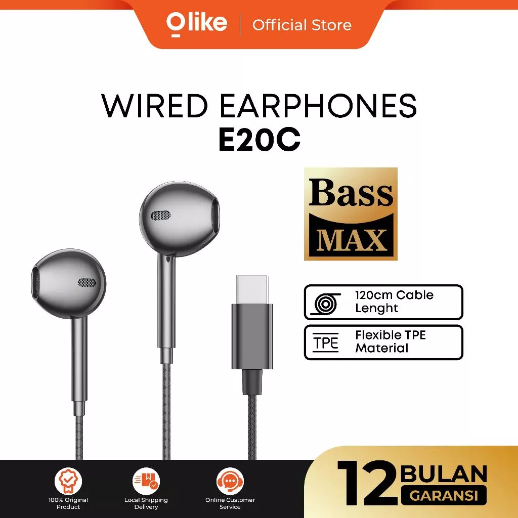 OLIKE Headset Cable E20C Type C 14mm Driver | Wired Earphone Stereo Bass Max Durable TPE Material | Half-Ear Kabel With HD Audio