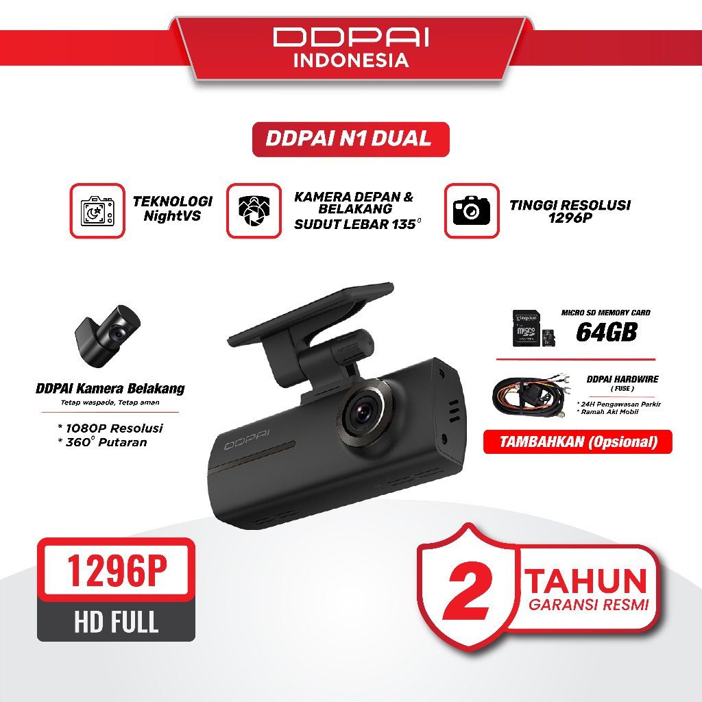 Jual DDPAI N1 Dual Front & Rear Recording NightVIS 1296P Dash Cam ...