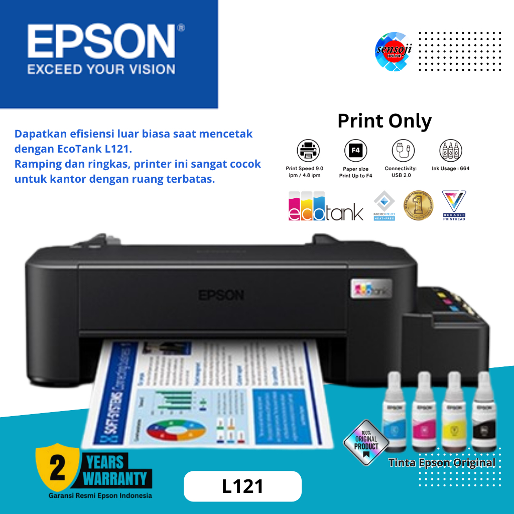 Jual Epson L121 Printer InkTank Print Only Tinta Original 664 Garansi ...