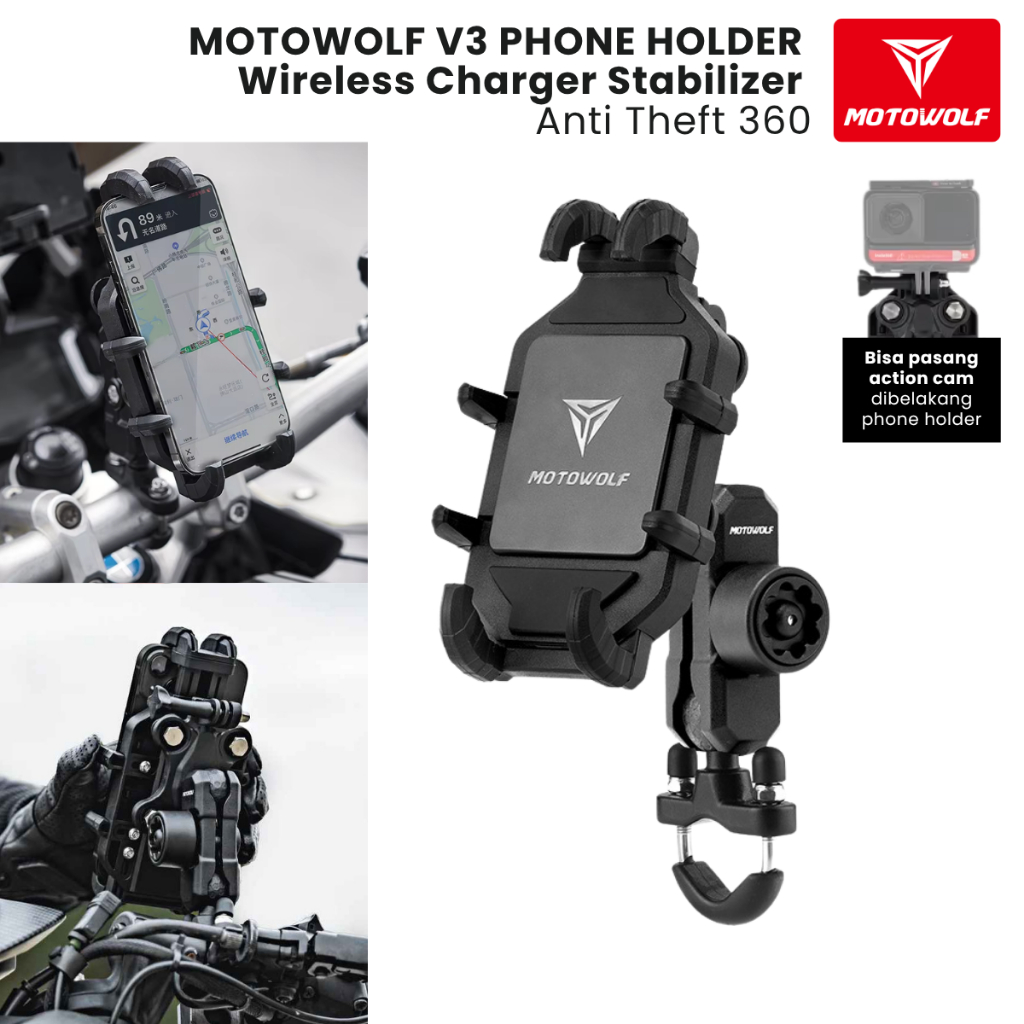 Motowolf V3 Phone Holder Wireless Charger Stabilizer Anti Theft 360