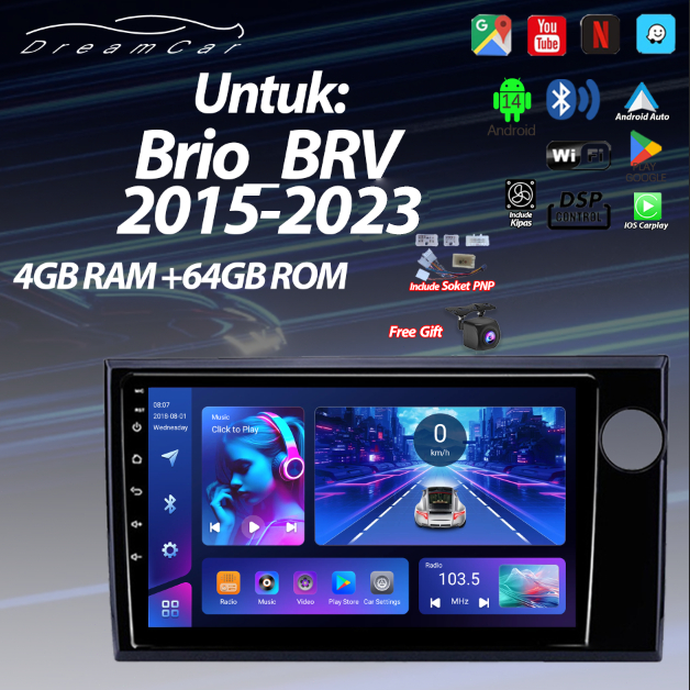 Untuk Brio/BRV 2015-2023 8+64G Head Unit Android 14 Mobil 9inch IPS Screen Termasuk Frame / Soket PNP / AHD Kamera mundur / Kipas Support Carplay/WIFI/GPS/Mirrorlink