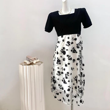 Dress Hitam Korea Elegant Midi Dress 2025 Princess Floral Dress Lengan Pendek Big Size Pantai