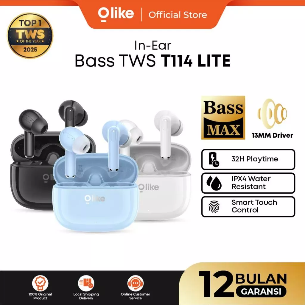 OLIKE TWS Bass T114 Lite 32H Playing Time | Smart Touch Control | True Wireless Earphone IPX4 | Headset Bluetooth
