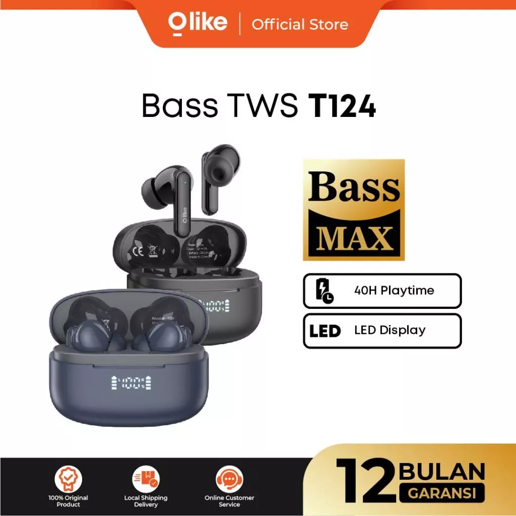 OLIKE TWS T124 Bass Max 40 Jam Playing time + LED Display Battery | Headset Bluetooth 5.3 Stereo - Garansi Resmi 1 tahun