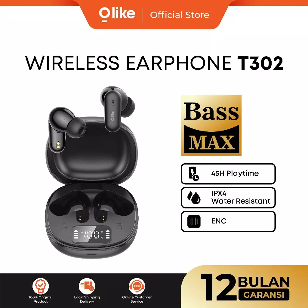 OLIKE TWS T302 + LED Battery Display 45 Jam Playing Time Earphone Bluetooth 5.4 | Headset Stereo Bass Max