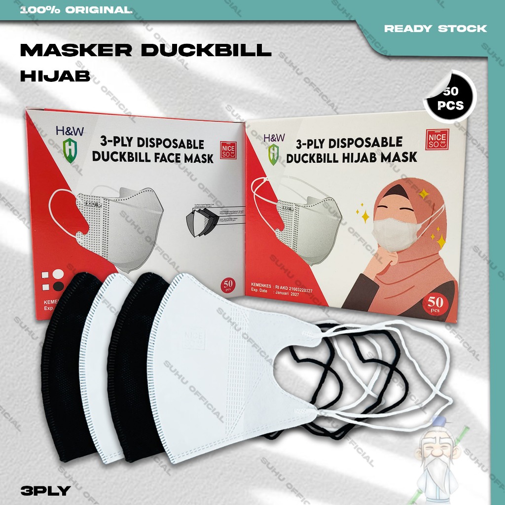 Jual Masker Duckbil Hijab 3Ply isi 50Pcs Warna Putih White Duckbill 3 ...