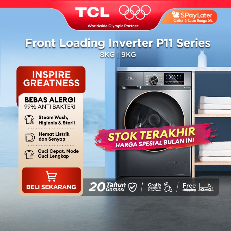 TCL MESIN CUCI 1 TABUNG - FRONT LOADING INVERTER P11 SERIES - EBS Steam Wash - Quick Wash 15' - Smart DD Inverter Motor - Magic Flow