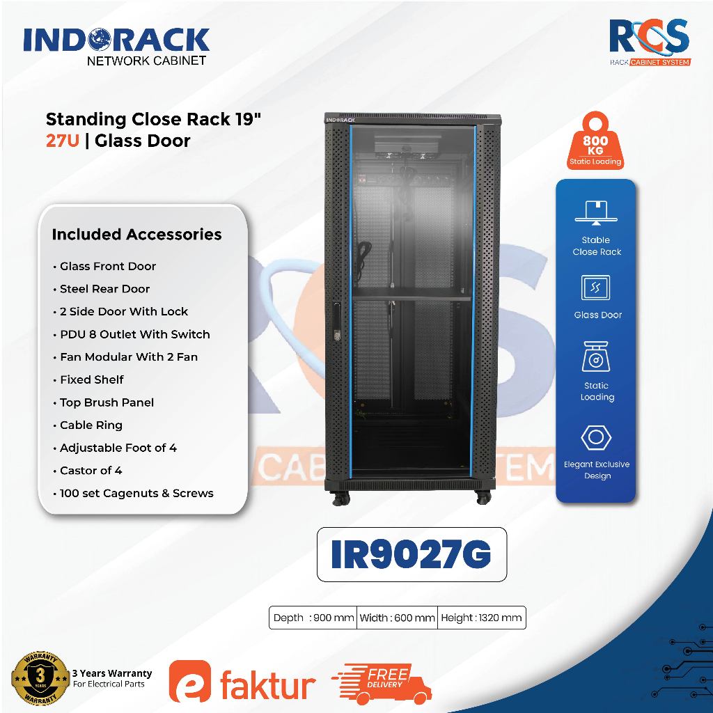 Jual Indorack IR9027G Close Rack 27U Depth 900mm Glass Door Rak Server ...