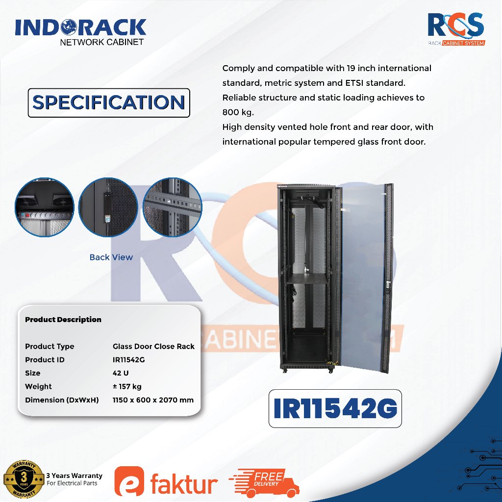 Jual Indorack IR11542G Close Rack 42U Depth 1150mm Glass Door Rak ...