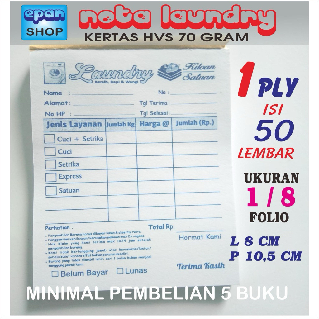 Jual Nota Laundry 1 ply kertas hvs 70 gram ukuran mini (8 x 10,5 cm ...