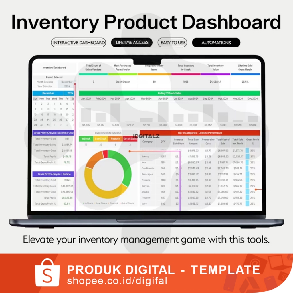 Inventory Product Dashboard - Ultimate Inventory Tracker Excel, GoogIe Sheets, Inventory SaIes and Purchases , Inventory Restock Transaction Log Inventory Management Stock Manajemen Stok