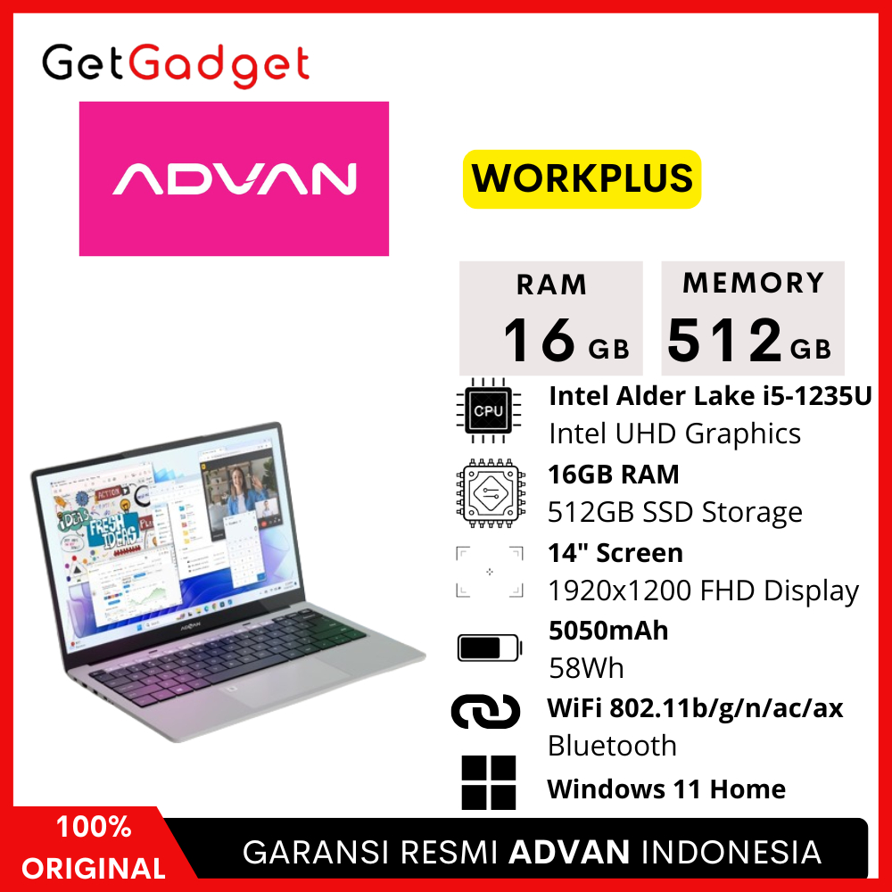 Jual Laptop Advan Workplus RAM 16GB 512GB Notebook Intel i5 Gen 12 ...
