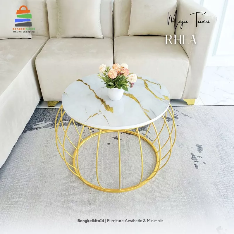 Aesthetic Coffee Table Minimalist Sofa Table - MEJA RHEA - Round Marble UV Gold