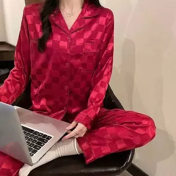 SATIN SERIES Aisha Long Sleepwear Setelan Piyama Satin Kotak Elegan Baju Tidur Wanita Dewasa