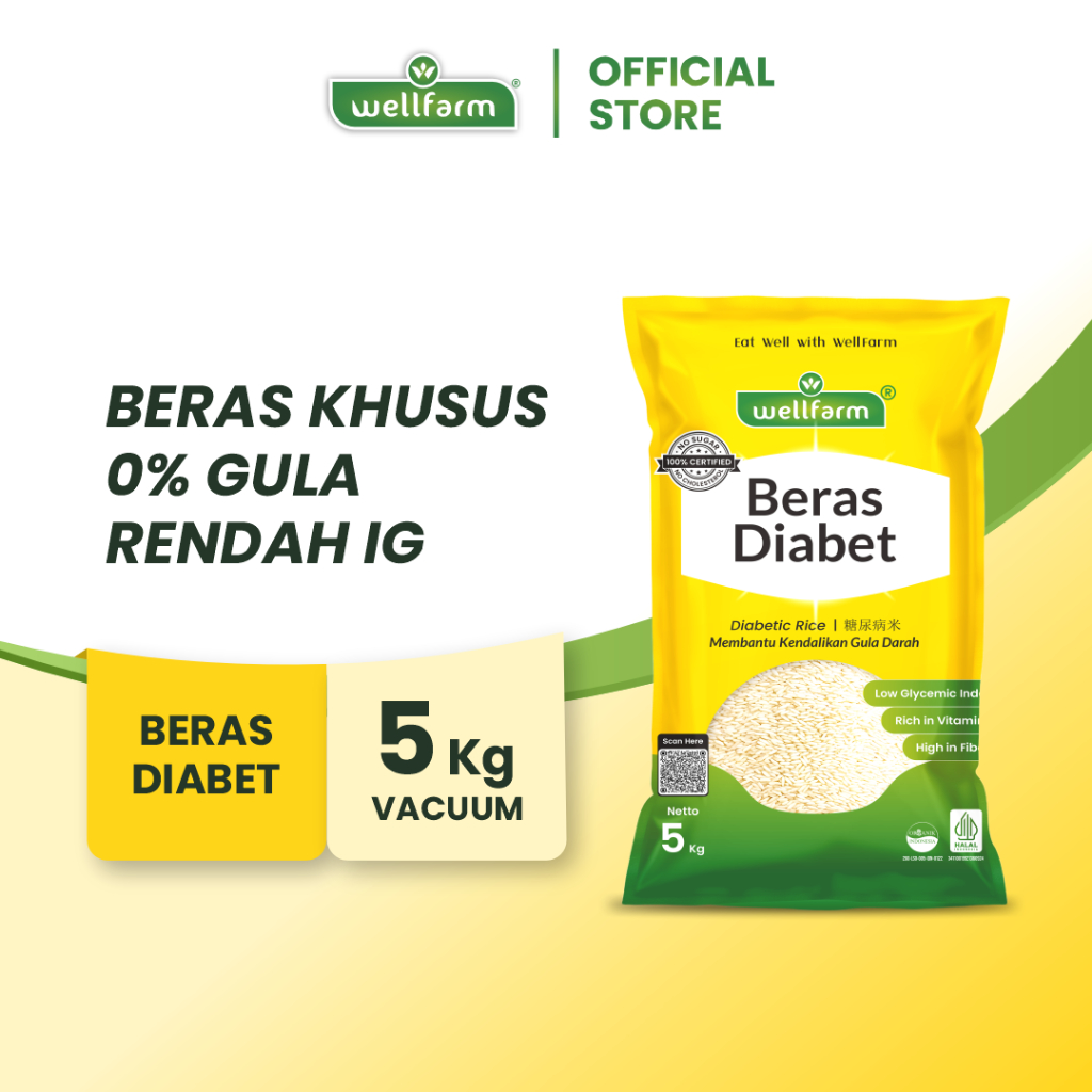 WellFarm Beras Diabetes Organik Sugar Free Low GI, Beras Diabet WellFarm, Kemasan Vacuum 5Kg