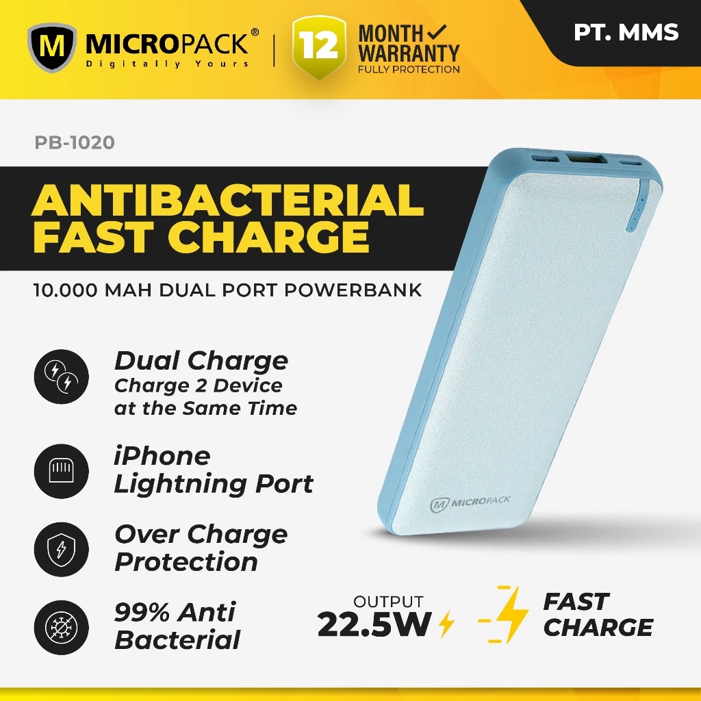 MICROPACK- 100% ORIGINAL POWERBANK ANTI BACTERIAL 10.000mAh SUPER FAST CHARGING - (PB-1020)