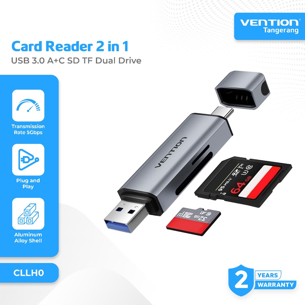 Jual Vention Card Reader 2 in 1 USB 3.0 A+C SD TF Dual Drive Letter ...