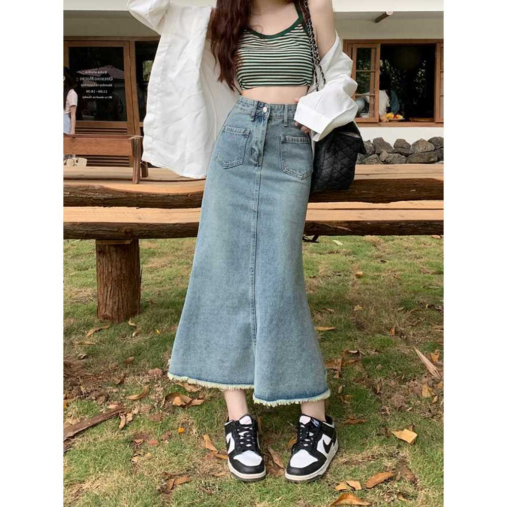 Jual Rok Denim Panjang Model Mermaid High Waist dengan Aksen Rumbai dan ...
