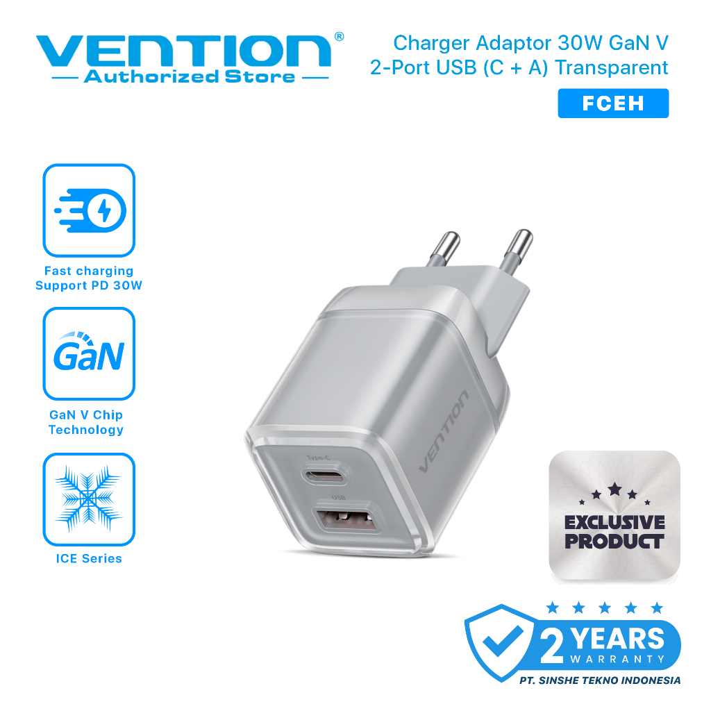 Vention Charger GaN 30W USB Type C Fast Charging Adaptor iPhone 15 16  Samsung Android PD QC Dual Port Ice Series - Main Image