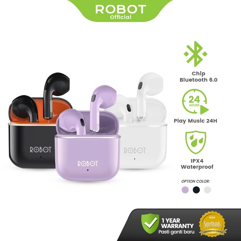 ROBOT T50S TWS Earbuds – Bluetooth 6.0, True Wireless, IPX4 Waterproof, Suara Jernih, Garansi 1 Tahun