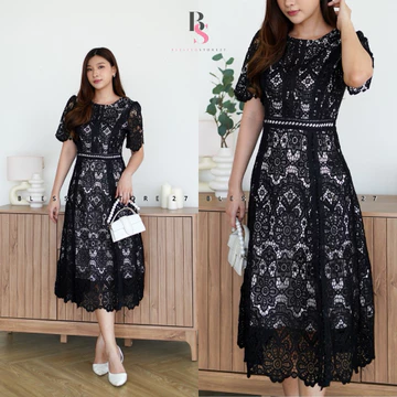 Ada Size Jumbo D1714 Aesun Korean Style Floral Brocade Vintage Midi Dress Natal Brukat Pesta