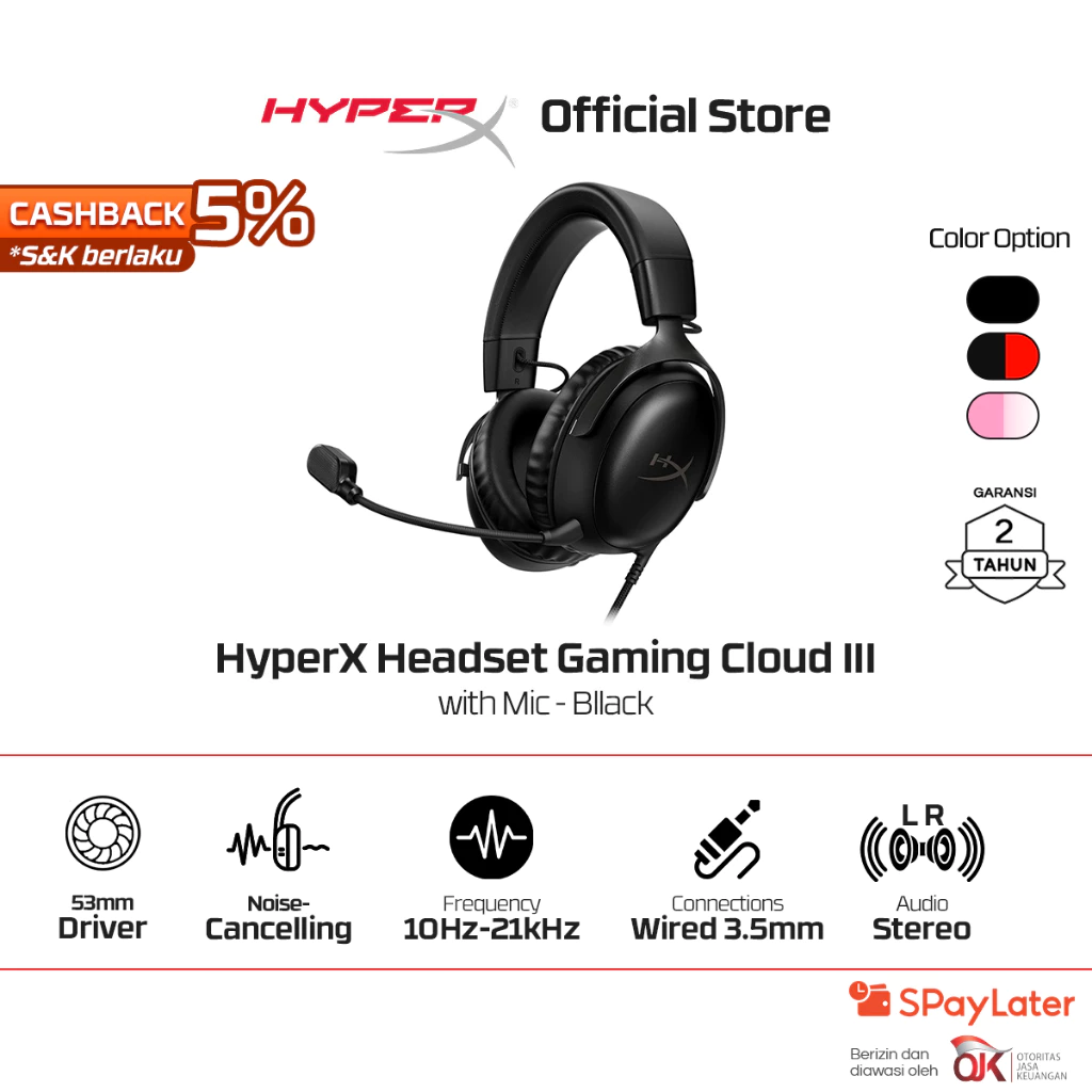 HyperX Headset Gaming Cloud III Wired - Black - Red / Black / White - Pink Wired Noise Cancelling Spatial Audio Leather Stereo Bass