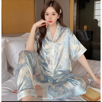 Setelan Baju Tidur Piyama Wanita Dewasa Satin Premium Lengan Pendek Celana Panjang