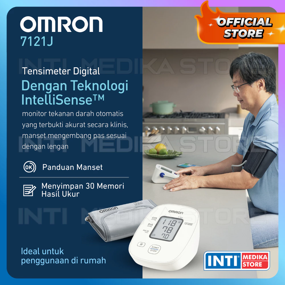 Isi paket penjualan Omron HEM 7121J lengkap dengan manset dan baterai