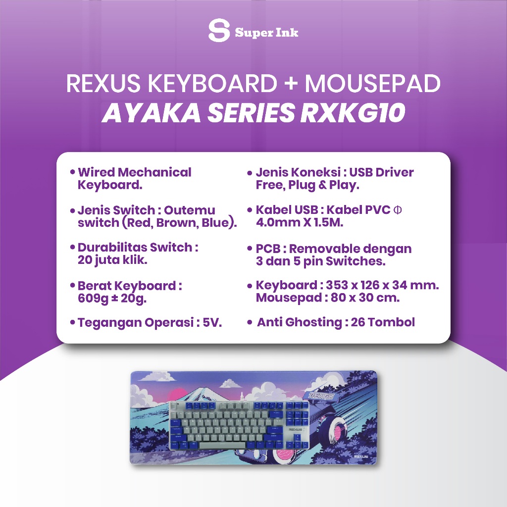 Jual Rexus Keyboard Gaming TKL Ayaka Series Kisha RX-KG10 + Mousepad ...