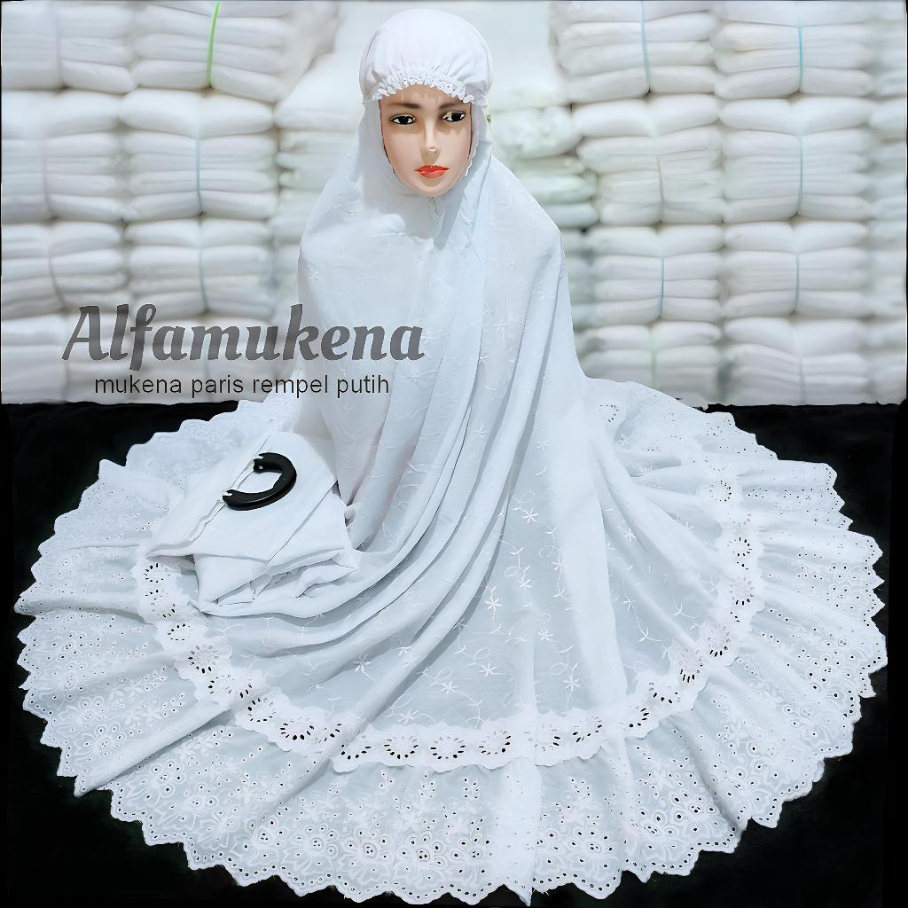 Alfa Mukena katun paris putih renda mewah full bordir bunga jumbo dewasa
