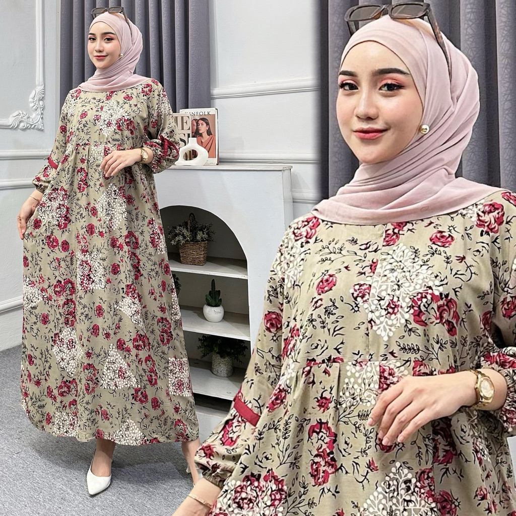 Dress Malika Daster Gamis Rayon Premium Tebal Kekinian Kombinasi Lengan 7/8 Muslim Nyaman
