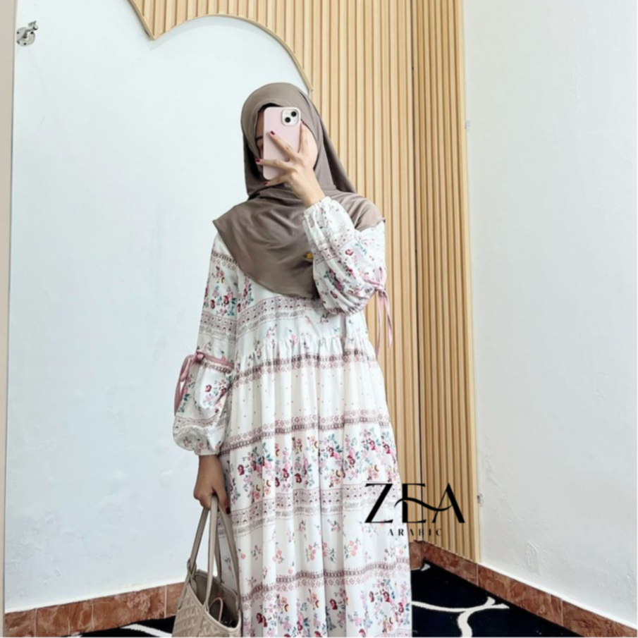 Hania Dress | Gamis Rayon Motif | Pita Lengan Balon Bahan Rayon Diamond by Zeaarabic
