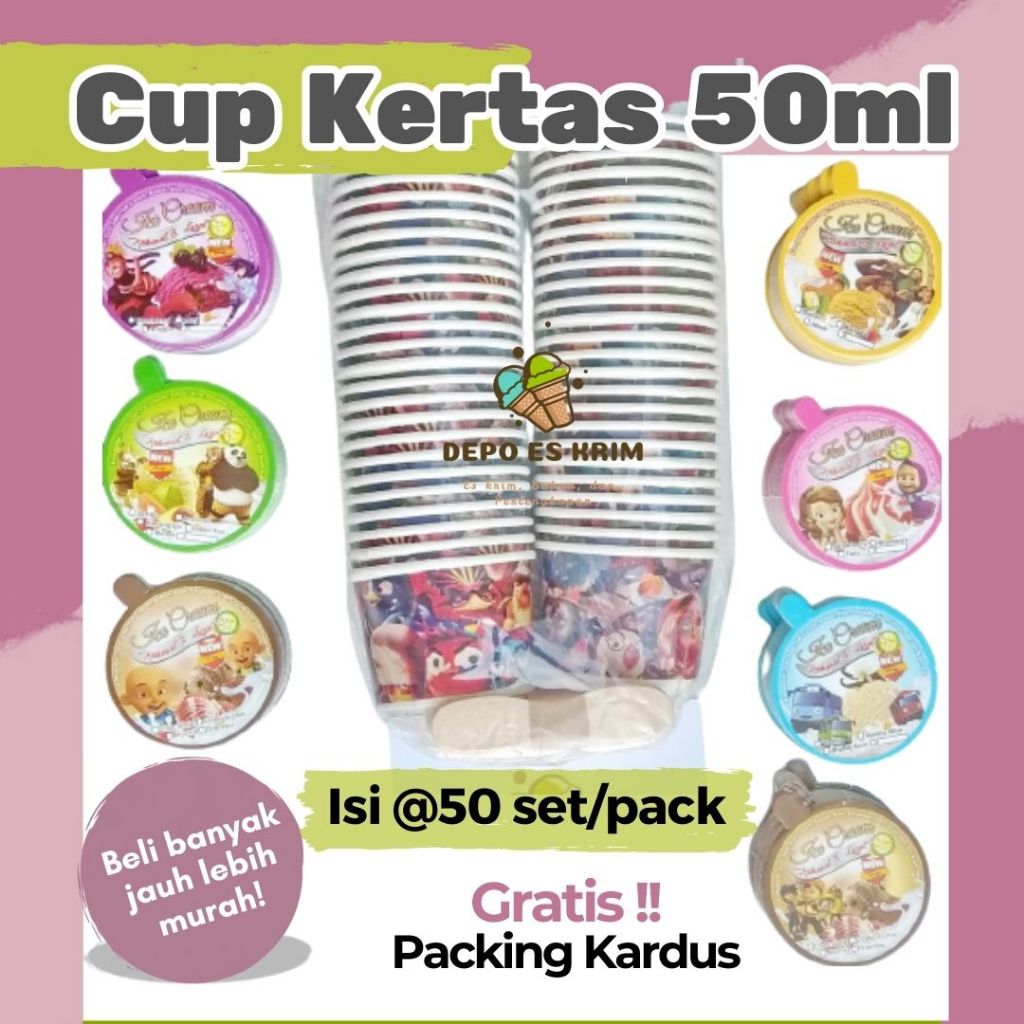 Jual GROSIR Paper Cup Es Krim 50ml (lengkap Tutup Sendok Cup Kertas ...