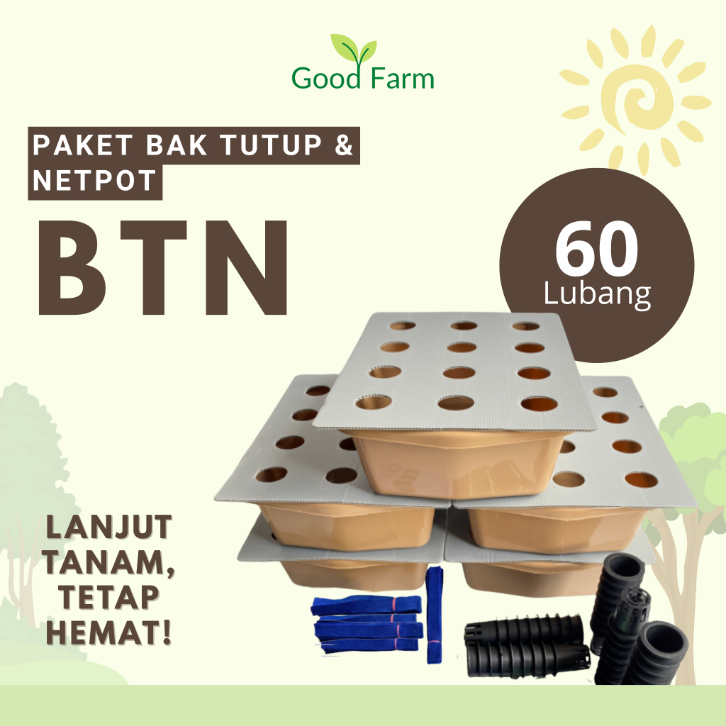 GoodFarm - Paket BTN Bak Tutup dan Netpot 60 Lubang 5 Bak Hidroponik Pemula Sistem Wick