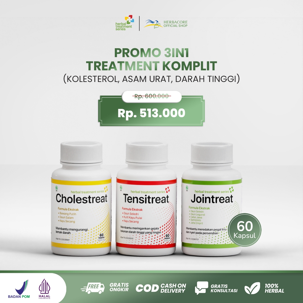 CHOLESTREAT TENSITREAT JOINTREAT - Paket Lengkap - Obat Herbal Kolesterol Asam Urat Darah Tinggi Herbal Treatment Series - 60 Kapsul