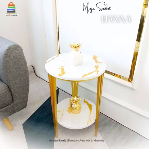 Meja Sudut Aesthetic Susun 2 Meja Samping Sofa - MEJA HANNA - Bulat D40cm Besi Holo Marmer
