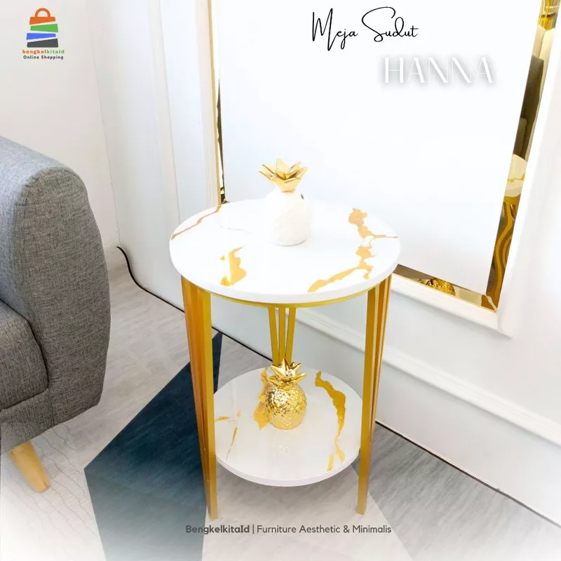 Meja Sudut Aesthetic Susun 2 Meja Samping Sofa - MEJA HANNA - Bulat D40cm Besi Holo Marmer