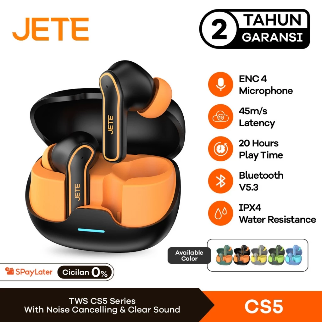 TWS Bluetooth ENC with 4 Mic JETE CS5 BT 5.3 IPX4 Playtime 20H - Garansi 2 Tahun